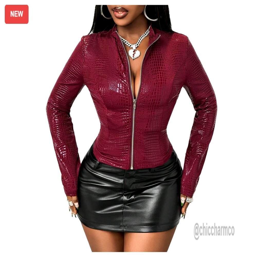 Snakeskin Leather Cropped Jacket Zip Up Long Sleeve Mock Neck Motorcycle Coat